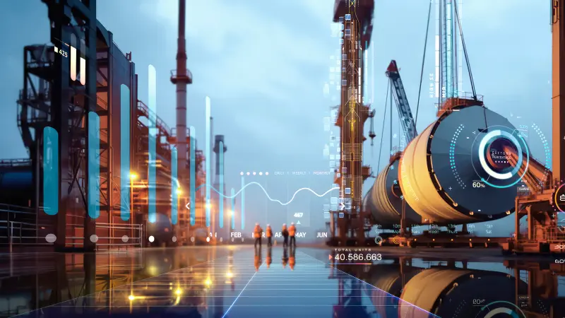 Workers walking through an industrial plant, seeing from afar, visualization of data collected by sensors and turned into digital twins via the cutting-edge technology by Bosch Digital Twin Industries, BDTI