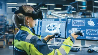 Female Industrial Engineer Wearing Virtual Reality Headset and Holding Controllers, Bosch Digital Twin Industries, BDTI