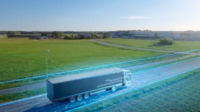 Electric truck with digital grid overlay graphic